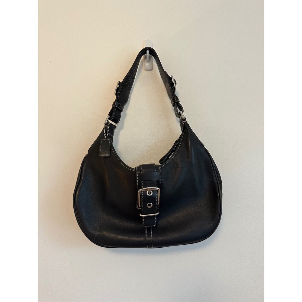 Coach Soho Black Leather Buckle Hobo Shoulder Bag with White Stitching